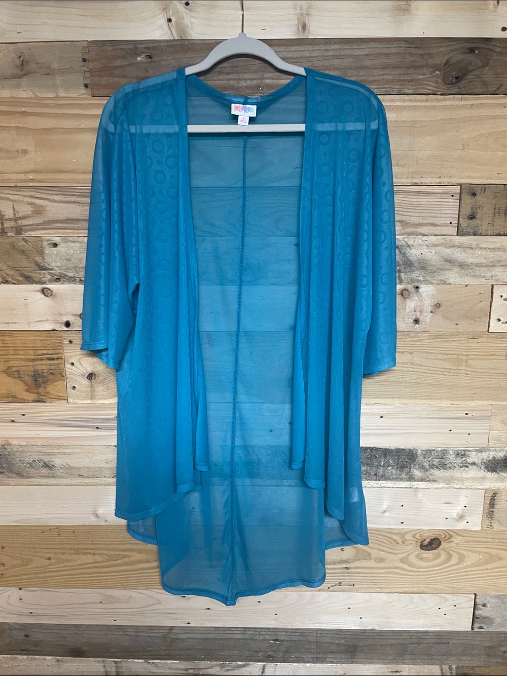 LuLaRoe size Small Bluish Teal Color Sheer High-Low Kimono with Circle Design